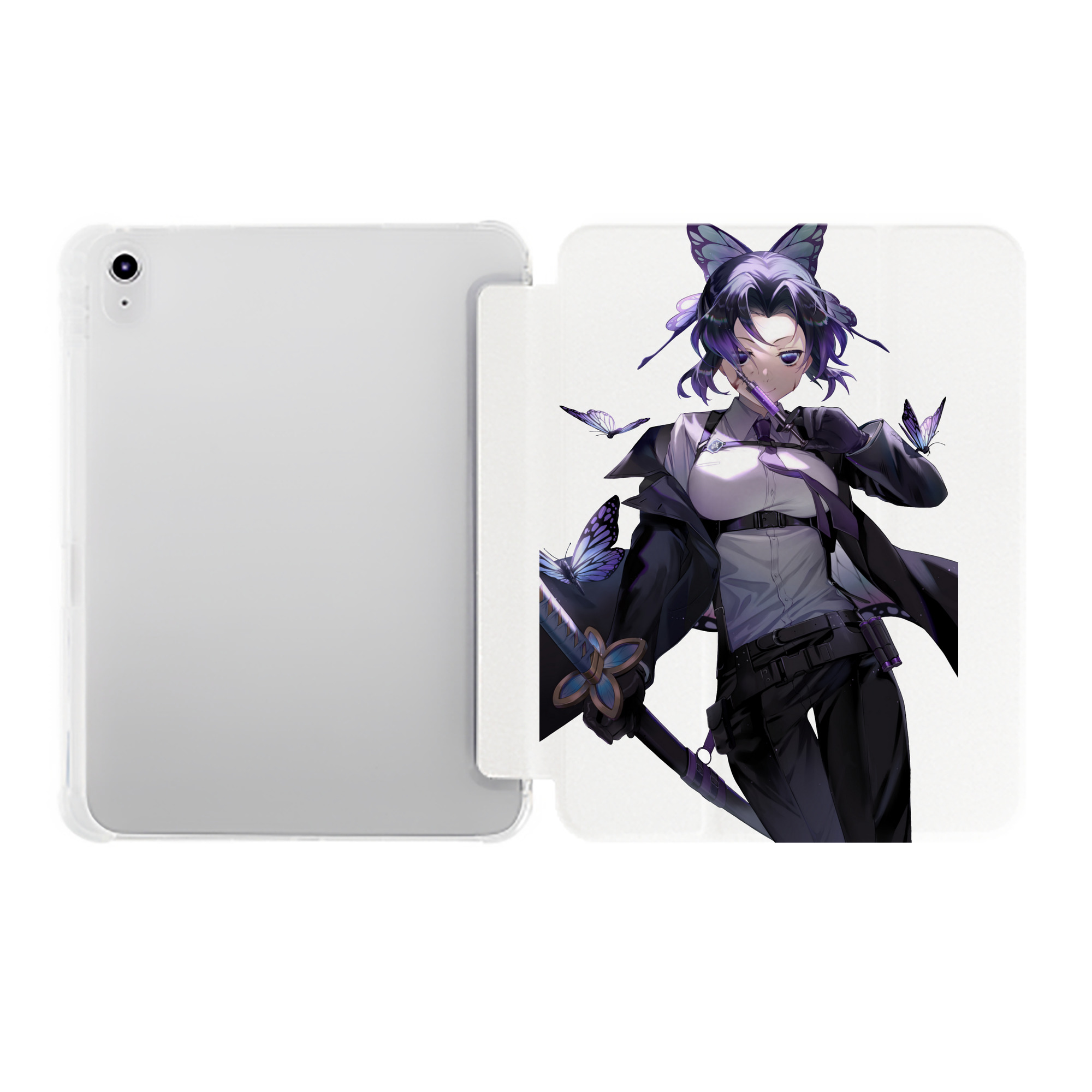 （画像用） 鬼滅の刃（きめつのやいば）蟲柱-胡蝶 しのぶ／こちょう しのぶ Kochou Shinobu IPad ケース ペン収納付き 三つ折りスタンド PUレザー×シリコン 対応機種9.5/10.5/10.9インチ